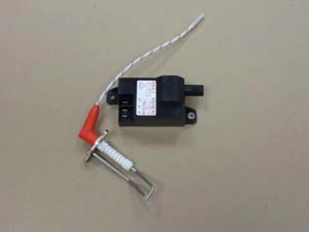 Zündtrafo mit Elektrode, montiert auf einer Unterlage. Das Gerät stammt von der Marke Remeha und zeigt Anschlussmöglichkeiten sowie eine Zünd-Ion Elektrode.